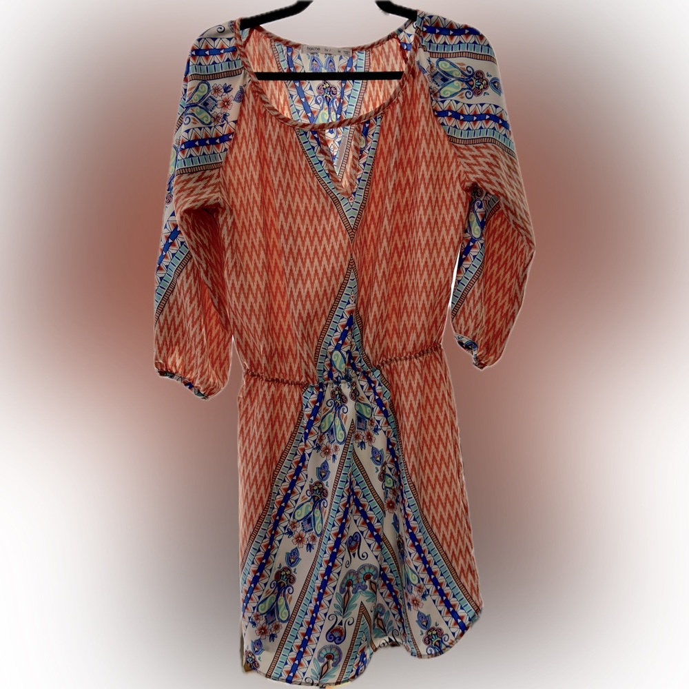 Fraiche by J Kara Orange Boho Print Dress Size M Made in USA